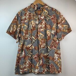 Island Magic cotton Hawaiian Hulu tropical short sleeve button down shirt EUC